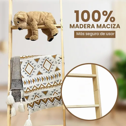 Vista 7 de Escalera para mantas, soporte de edredón de madera de 5 niveles, natural