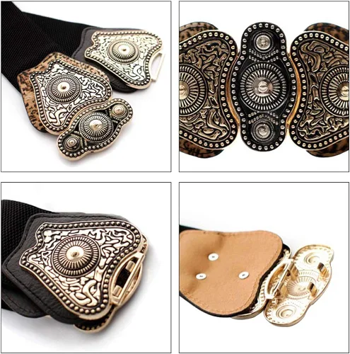 Vista 4 de maikun Cinturón elástico ancho para mujer, cinturón de vestir con hebilla de metal vintage, para Navidad
