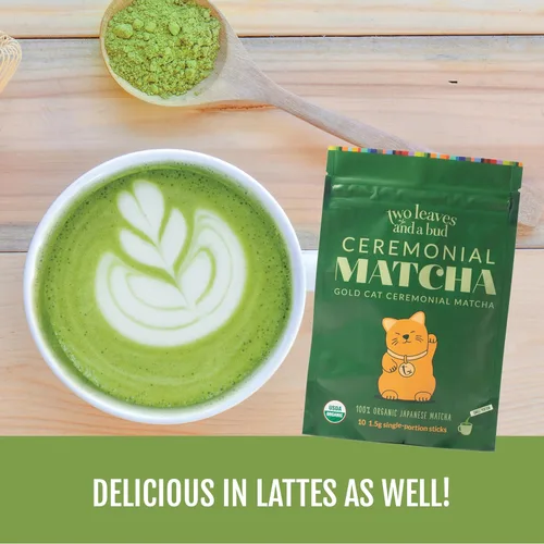 Vista 9 de Two Leaves and a Bud Té verde matcha ceremonial orgánico, 100% polvo de matcha japonés, palitos de una sola porción de 0.05 onzas preporcionadas