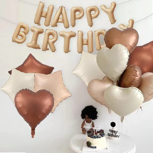 Vista 7 de Globos de papel de aluminio de feliz cumpleaños, globos neutros de color crema, caramelo, beige, marrón, globos de corazón para niñas y niños