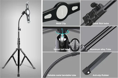 Vista 6 de elitehood Soporte de piso para iPad Pro, trípode de cuello de cisne de 70 pulgadas para iPad Pro 12.9 13 pulgadas, Air 13 11, soporte de trípode