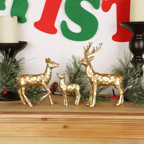 Vista 5 de Lulu Home 3 piezas de decoraciones de mesa navideñas, estatuillas familiares de renos dorados de resina con diversas posturas, adornos para centros