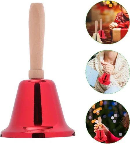 Vista 7 de 2 campanas de mano de Navidad, campanas de llamada ruidosas de metal, campanas de Papá Noel con mango de madera para servicio de Navidad, cena