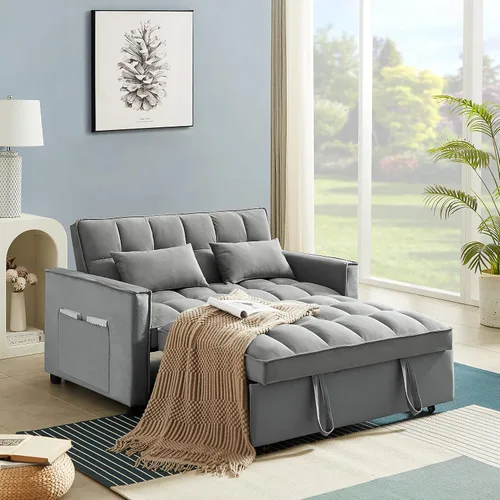 Vista 12 de Sofá cama biplaza de terciopelo convertible y moderno con cama desplegable, respaldo ajustable y 2 almohadas lumbares, para espacios pequeños