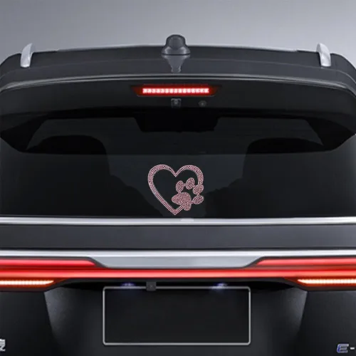 Vista 4 de Calcomanía con estampado de corazón de pata de perro, decoración de automóvil con diamantes de imitación, lindo estampado de pata de perro