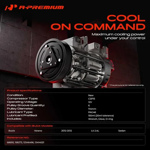 Vista 2 de A-Premium Compresor A/C con embrague compatible con Buick Verano 2.4L 2012, estilo CSP15