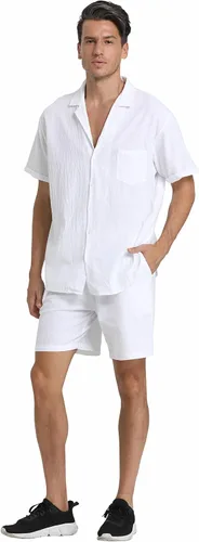 Vista 30 de RPOVIG Conjunto corto de camisa de lino: conjunto casual de 2 piezas con botones para hombre