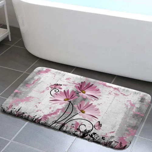 Vista 5 de Alfombra de baño rústica de granja, diseño de margaritas y mariposas en madera de campo, tapete de baño de madera color gris, blanco, azul marino