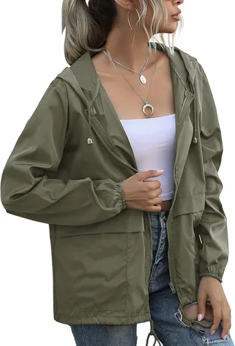 Vista 2 de PESION Chaqueta impermeable ligera para mujer, rompevientos con capucha y bolsillo para exteriores Verde militar
