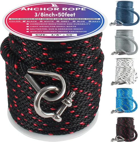 Vista 32 de Cuerda de anclaje premium de 50 pies x 1/2 pulgadas, línea de anclaje trenzada sólida MFP para barco con dedal y grillete - Negro