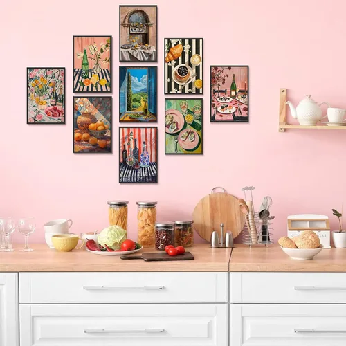Vista 5 de 9 piezas de arte de pared de cocina coloridos alimentos para decoración de pared, fotos, bebidas, frutas, bar, carrito, lienzo, impresiones