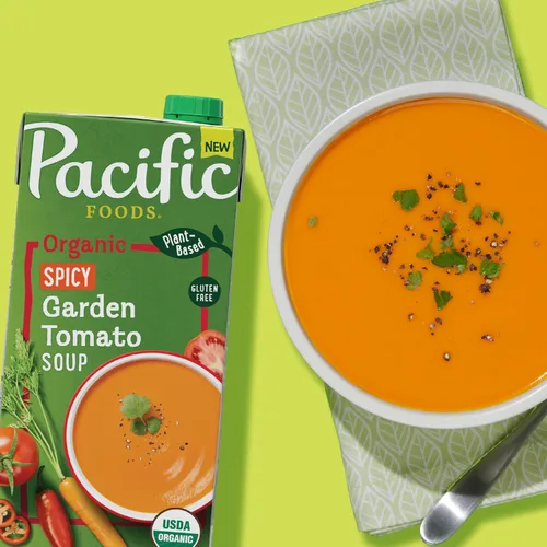 Vista 3 de Pacific Foods Sopa de tomate de jardín picante orgánica, cartón de 32 onzas