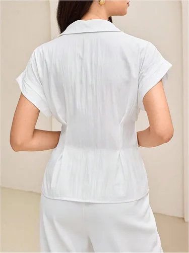 Vista 3 de OYOANGLE Blusa elegante con botones y doble hebilla y cinturón, manga Dolman con cuello