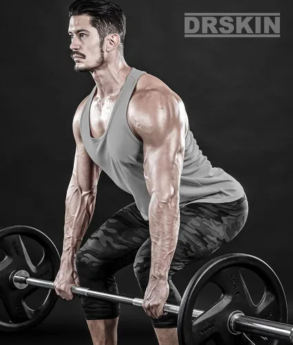 Vista 3 de DRSKIN Camisetas sin mangas de malla para hombre, tela Dry Fit, espalda en Y, para gimnasio, fisicoculturismo, entrenamiento, atletismo, paquete