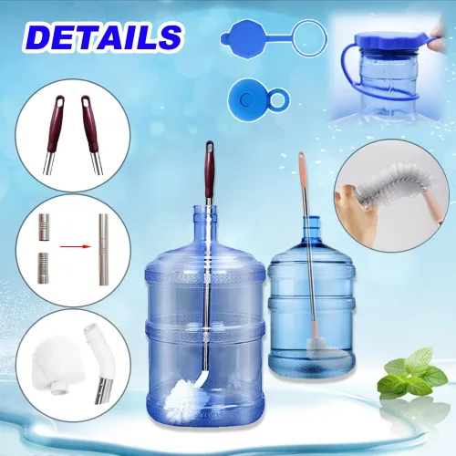 Vista 3 de Cepillo para botellas, paquete de 3 cepillos de cubo de mango largo con 2 tapas para jarra de agua, cerdas de nailon rígidas y mango de acero