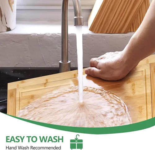 Vista 4 de Hifybaty - Tabla de cortar sobre el fregadero, tabla de cortar extensible sobre el fregadero, tablas de cortar de bambú con ranura para jugo, tabla