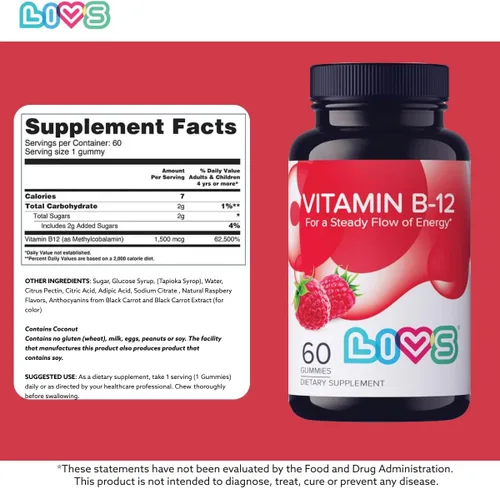 Vista 5 de LIVS Gomitas de vitamina B12 para adultos y niños Suplemento vegano de metilcobalamina B12 Energía, metabolismo y apoyo nervioso Sabor a