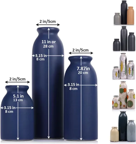 Vista 2 de Juego de 3 jarrones de cerámica azul marino decorativos para centros de mesa, granja y decoración del hogar, ideal para sala de estar, cocina
