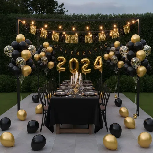 Vista 4 de Globos de helio de látex negro y dorado de 12 pulgadas, globo de confeti negro y dorado para decoración de fiestas, paquete de 50