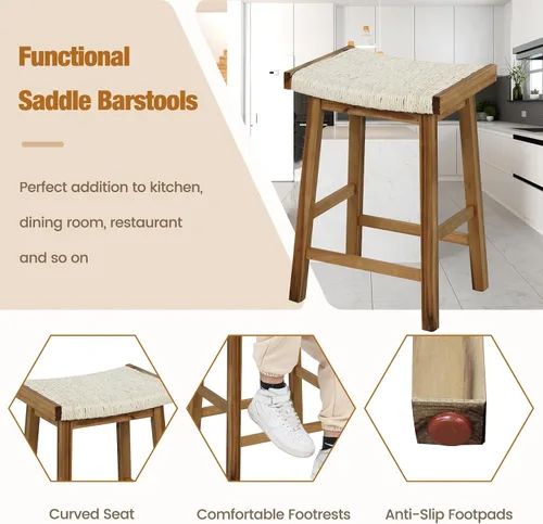 Vista 7 de COSTWAY Juego de 2 taburetes de comedor de 25.5 pulgadas de altura de mostrador con asiento tejido de algas marinas, madera de goma, marco de madera