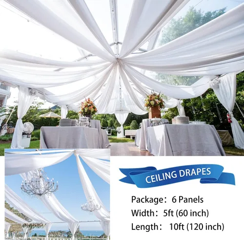 Vista 2 de Cortinas de techo blancas para bodas – 6 paneles de 5 x 10 pies de gasa blanca para cortinas de telón de fondo transparentes para bodas, fiestas