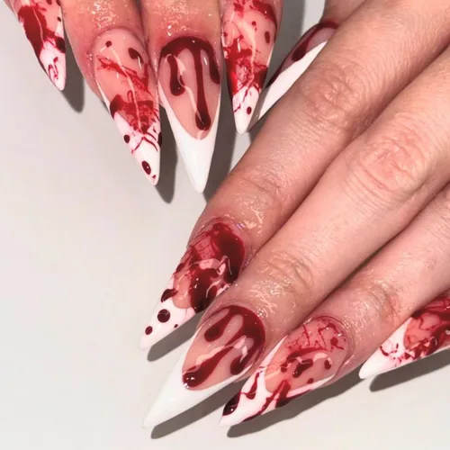 Vista 16 de Uñas postizas a presión de Halloween, uñas postizas de almendra, cobertura completa, uñas postizas rojas con diseños de gotas de sangre, punta 14