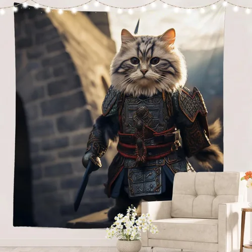 Vista 21 de Batmerry Cat In Armor Polyester Tapestry, Cat Armor Sword Warrior Battle Shield Lightweight Wall Hanging High-Definition Print Backdrop For Dorm