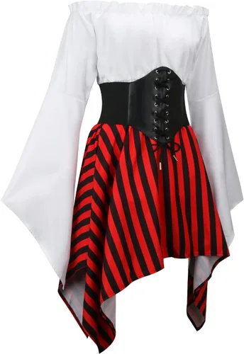 Vista 5 de 5 piezas de disfraz de pirata para mujer, cosplay, renacentista, blusa superior, corsé, cinturón de cintura, falda, rayas, pañuelo para la cabeza