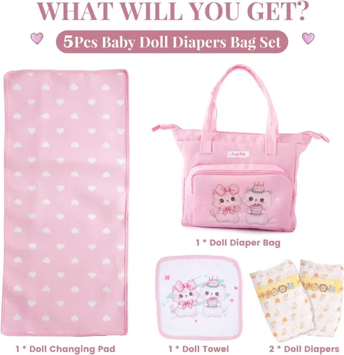 Vista 4 de BABESIDE Juego de 5 Piezas de Bolsa de Pañales para Muñecas de Bebé, Lindos Patrones de Gato, Accesorios para Muñecas de Bebé con Bolsa de Pañales