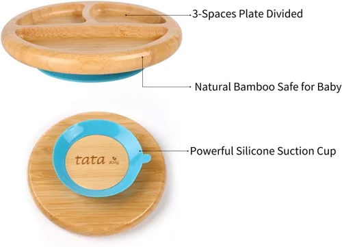 Vista 4 de Plato de succión y cuenco de bambú con tenedor y 2 cucharas Plato de alimentación de madera dividido para niños pequeños Juego de utensilios