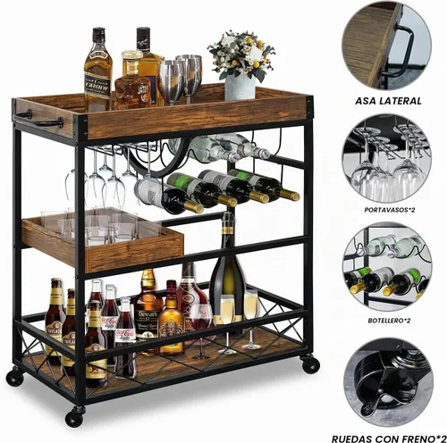 Vista 5 de Carrito de bar para el hogar, carrito de servicio industrial de 3 neumáticos con ruedas bloqueables, carrito de bebidas alcohólicas con 2 bandejas