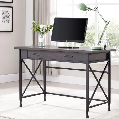 Vista 2 de Leick Home 23400 Chisel & Forge - Escritorio para computadora con cajón frontal para teclado, gris ahumado y negro mate