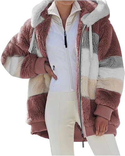 Vista 3 de Chaquetas de invierno para mujer, abrigo de felpa de color bloque de moda, casual, manga larga, suéter sudadera