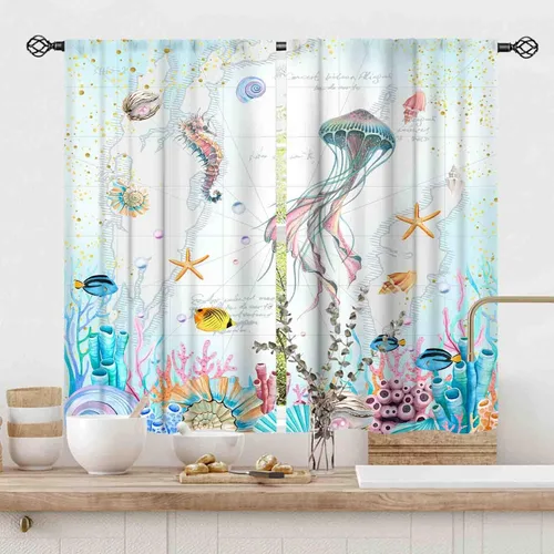 Vista 3 de Cortinas costeras, temática de playa de verano, acuarela, medusas náuticas, estrellas de mar, concha, caballito de mar, azul, opacas, cortinas