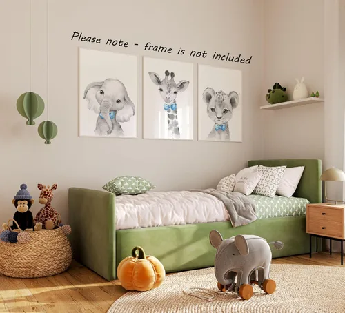 Vista 4 de Safari Animals - Juego de 3 impresiones artísticas de pared sin marco, carteles de animales grises con pajarita azul, elefante jirafa león, póster