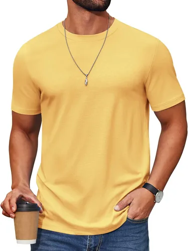 Vista 18 de COOFANDY Camiseta de manga corta para hombre, de mezcla de algodón, cuello redondo, informal, para verano, básica Verde militar