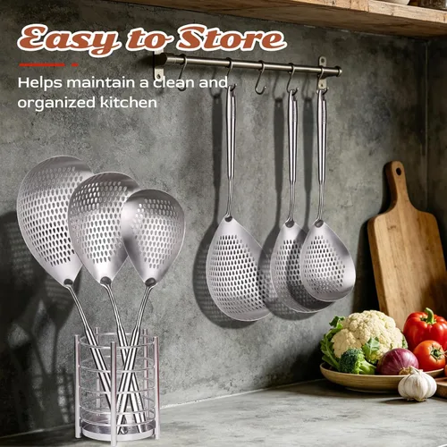 Vista 8 de Skimmer - Cuchara ranurada de acero inoxidable 304 de 16.5 pulgadas para pasta y araña, cuchara para cocinar y freír, cuchara coladora de metal