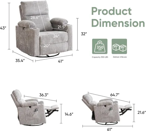 Vista 2 de Glider - Silla reclinable para guardería con reposabrazos ajustables, mecedora con masaje y calor, mecedora giratoria con reposacabezas ajustable