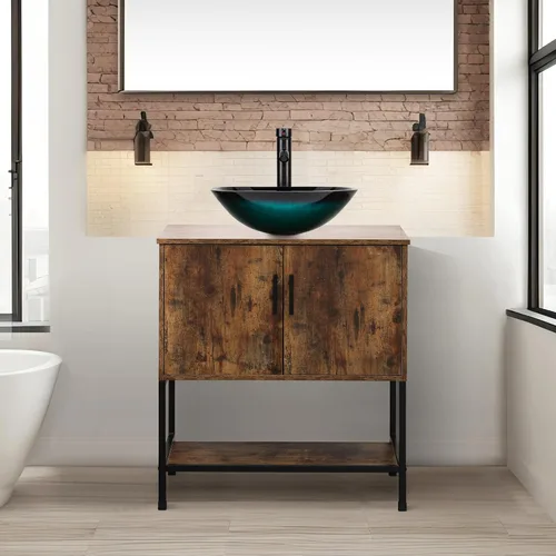 Vista 15 de UEV Juego de tocador de baño antiguo de 24 pulgadas, color marrón oscuro con lavabo, armario de baño de madera de hierro con grifo de temperatura
