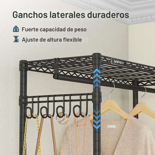 Vista 5 de VIPEK R2 - Perchero mediano con ruedas y ganchos laterales, resistente para colgar ropa, ajustable con alambre de metal, armario portátil con ruedas