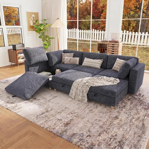 Vista 15 de 95.5" Sofá seccional modular de chenilla con almacenamiento oculto, sofá cama convertible en forma de L y U, sofá seccional moderno de 6 plazas