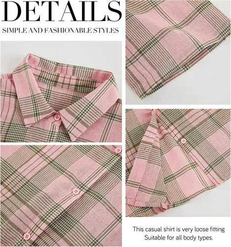 Vista 5 de Camisas de manga corta a cuadros para mujer, camisa con botones, blusa casual de verano