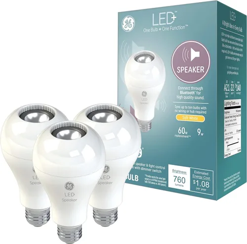 Vista 12 de GE LED+ A21 Bombilla LED, Luz LED Interior con Cambio de Color, Altavoz Inalámbrico Bluetooth con Control Remoto, 9W, Multicolor y Blanco Cálido