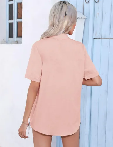 Vista 2 de VVK Camisas de lino y algodón de manga corta para mujer, estilo casual, cuello en V, plisadas, blusas casuales