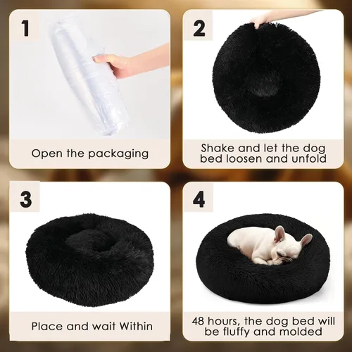 Vista 6 de Hoewina - Cama redonda, calmante, en forma de rosquilla, lavable, esponjosa para interiores, perros y gatos pequeños y medianos, negro, 20 pulgadas
