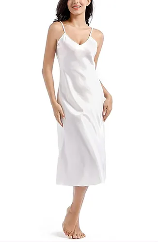 Vista 4 de Camisón de satén para mujer, vestido largo para dormir, camisones de seda con cuello en V