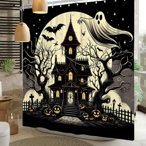 Vista 10 de Cortina de ducha divertida de Halloween, espeluznante y bonita, fantasma, calabazas, murciélagos, cortina de baño para niños, decoración
