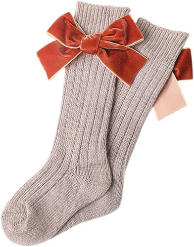 Vista 4 de Kayotuas Calcetines altos hasta la rodilla con lazos, calcetines de uniforme con volantes de tubo largo, calcetines de punto acanalado para bebés