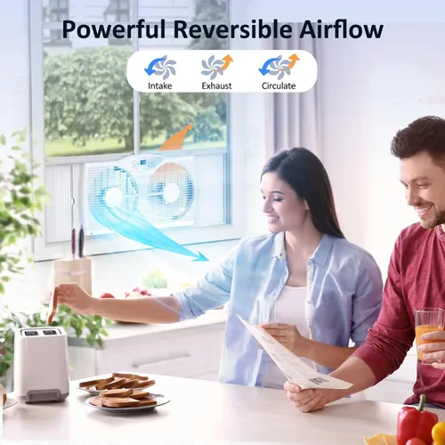 Vista 3 de shinic Ventilador de ventana doble, flujo de aire reversible de aspas de 9 pulgadas, control de termostato, 3 velocidades, 3 funciones, ancho