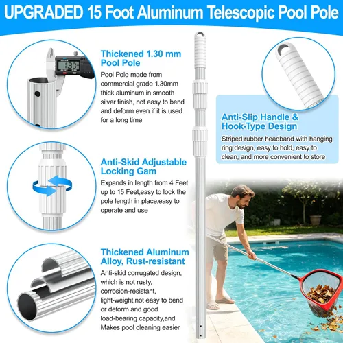 Vista 4 de Poste de piscina mejorado de 15 pies, poste telescópico de limpieza de piscina, poste profesional ajustable para red de desnatador, rastrillo